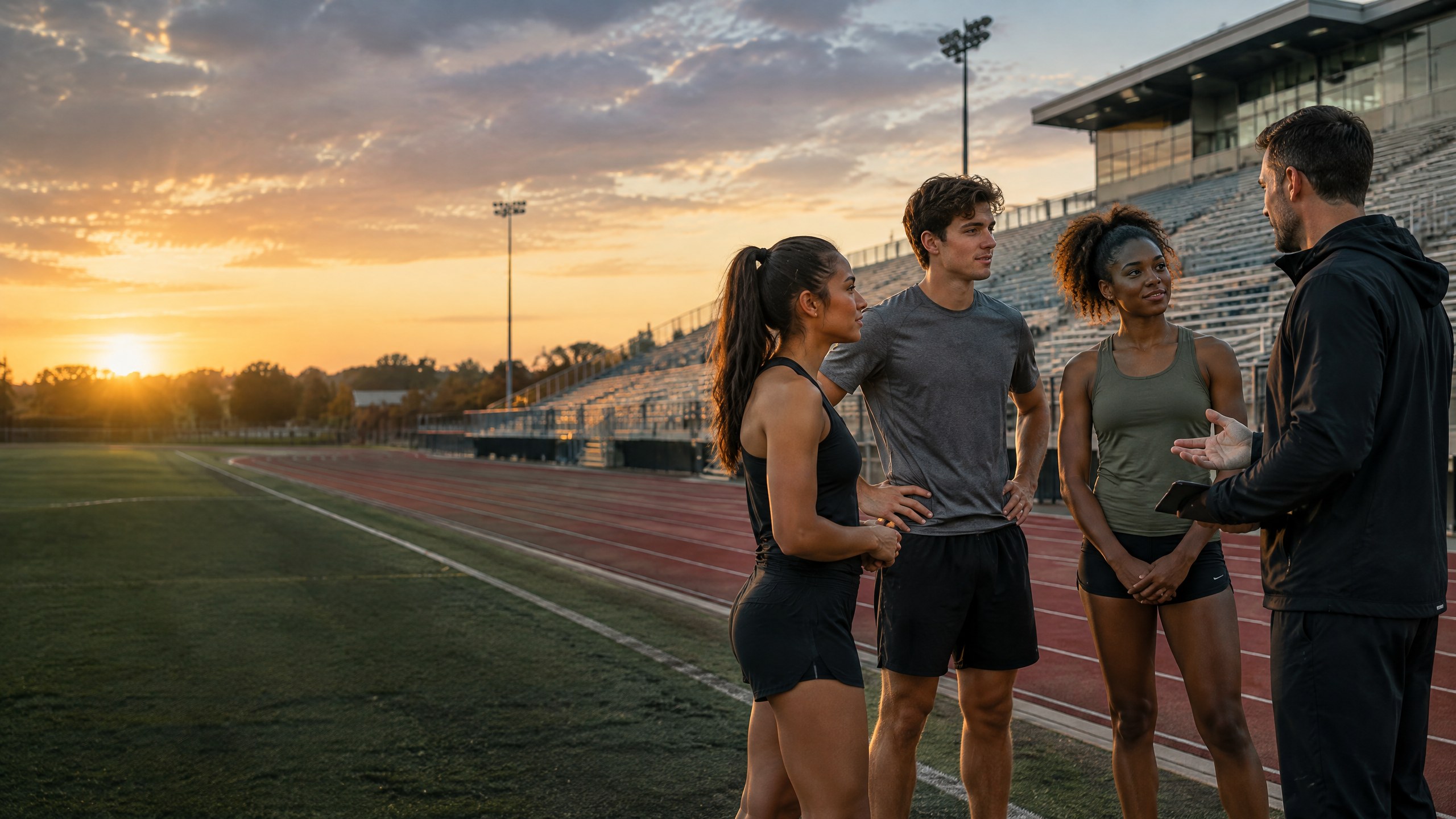 College coach speaking with adult student-athletes at a stadium