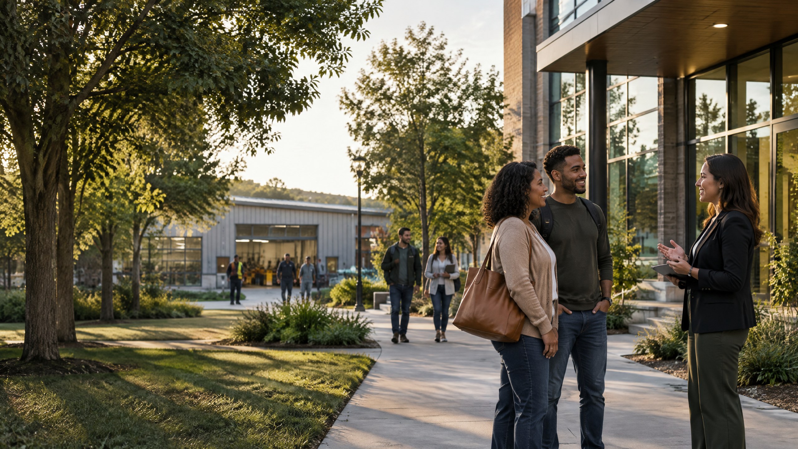 Adult prospective students speaking with an admissions representative on a campus